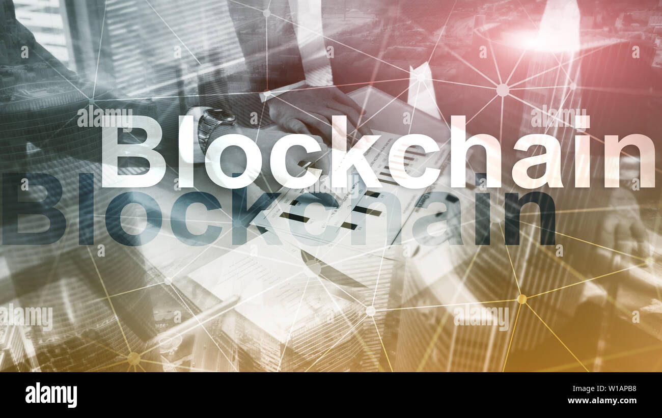 Blockchain Technologiekonzept auf dem Server hinterlegt. Datenverschlüsselung Stockfoto