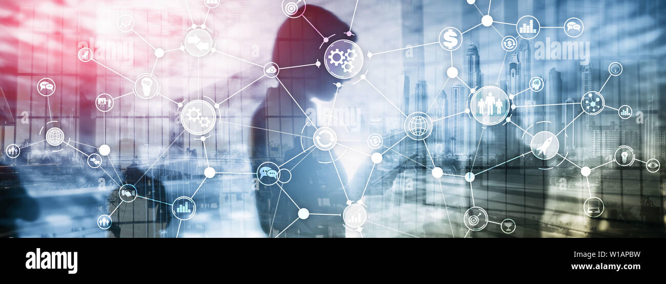 Business Process Workflow Diagramm Struktur Industrielle Automation innovation Konzept auf virtuellen Bildschirm mixed Media Stockfoto