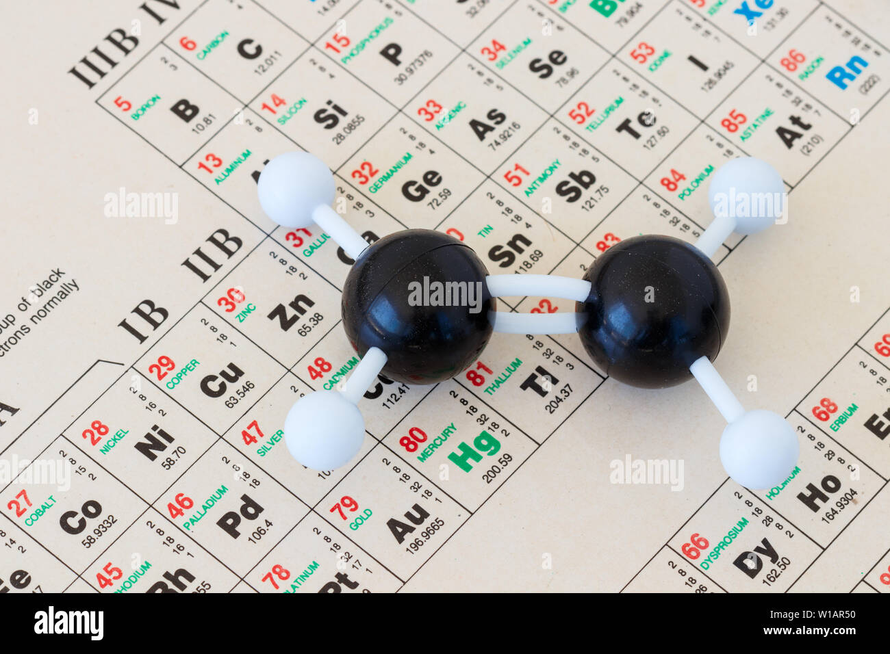 Periodensystem der Elemente mit einem Kunststoff Kugel-und-stick Modell einer Ethylen oder ethen Moleküls (C2H6). Kleine Tiefenschärfe. Stockfoto