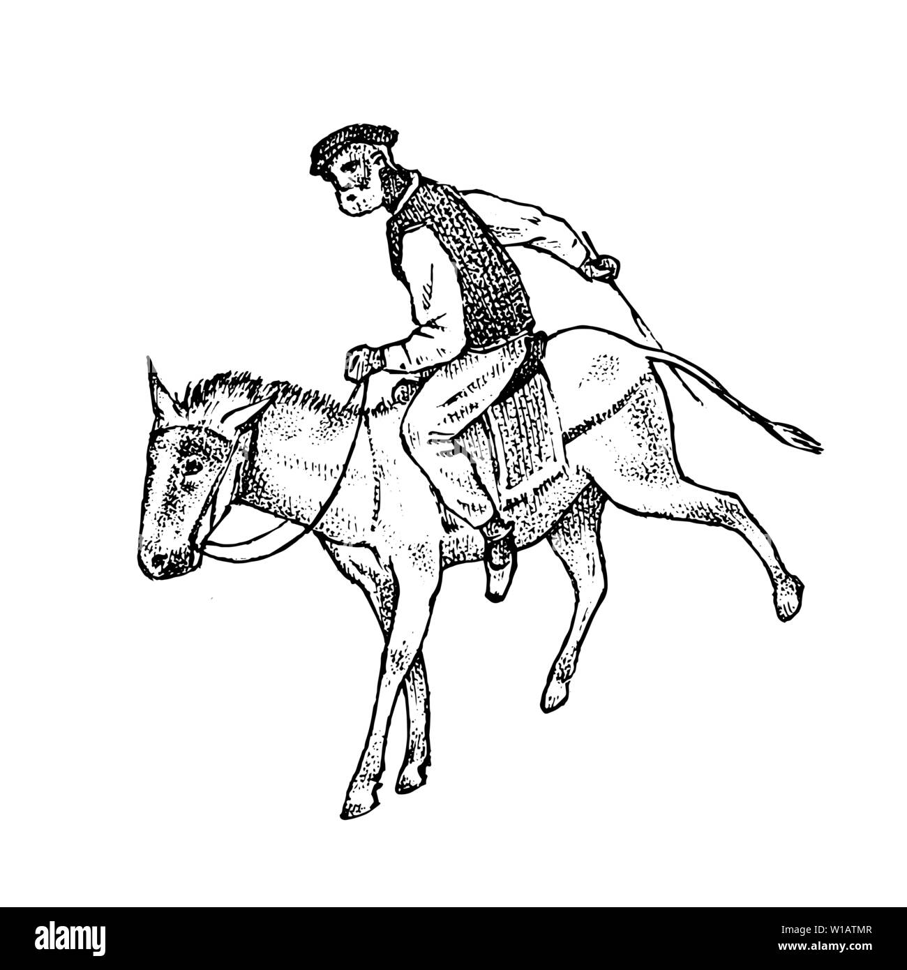 Man Mitfahrer in Nationale Kleidung. Griechische auf Pferd oder Esel. Symbol der griechischen Antike. Hand graviert vintage Skizze für Poster, Banner oder auf der Website. Stock Vektor