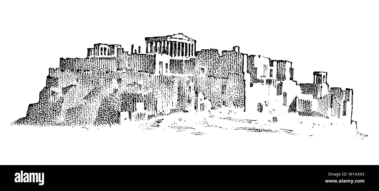 Landschaft Berge und Gebäuden in Griechenland. Antike Antike griechische Kultur. Double Exposure. Hand graviert Skizze im Vintage Style. Stock Vektor