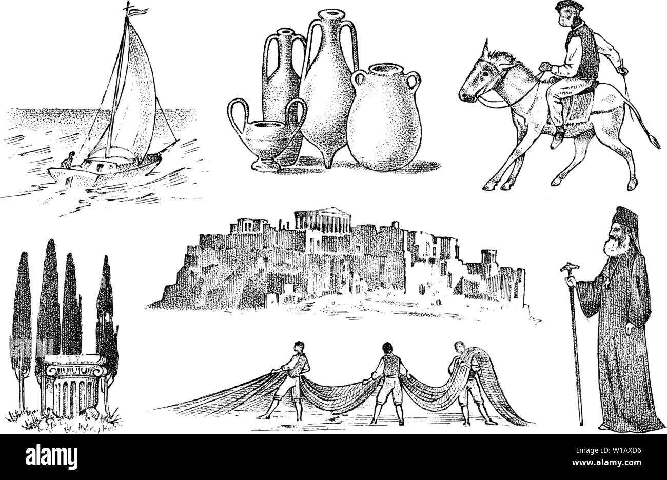 Die griechische Kultur. Nationale Symbole. Segelboot und Priester, Krüge und Angeln, Bäume, Pferderennen und Ruinen. Hand graviert Skizze in Vintage Stock Vektor