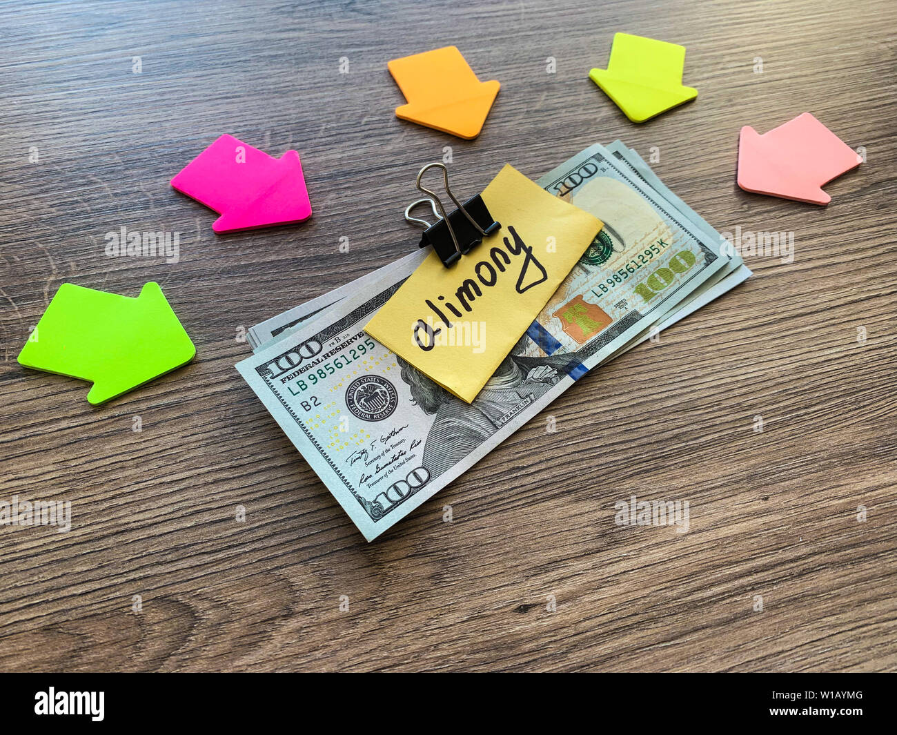 Zahlungen Alimente. Haufen Dollar mit Vorzeichen Alimente und Geld. Scheidung und Trennung Konzept Stockfoto