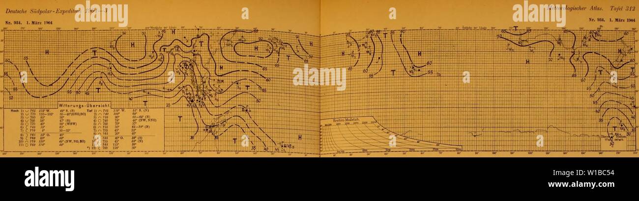 Archiv Bild ab Seite 364 der Deutschen Südpolar-Expedition, 1901-1903, im, Aufträge. Deutsche Südpolar-Expedition, 1901-1903, im, Aufträge des Reichsamtes des Innern. deutschesdpola1311 5Mose Jahr: 1911 Deutsche Südpolar-Expedition 1901 - 3 Nr. 934. I. Harz IW4I8f keine Tao' ISO-hfl-i"-meteorologischer Atlas. Tafef 312 Nr. 934. 1. 1904 Närz Hoch 1) 765 ISS'W. &Lt;fl°S (Sl Tief 1) o? "Jl" W. && - 8. (S) 2) w770 110-106° 3." Ich-4Cr (AUF 0,80) 21?0 M 0°°Uhr ßO) w 7 ß 0 85°; iO° 3).-. 735 80° 60-66° (N) 4) 755 45° 53' 8) 7 (20° 40° 8) 3 7 5 Li 0. 10) 770 iSO 11" O 700 17 (r9) C) 76) 40°O. Stockfoto