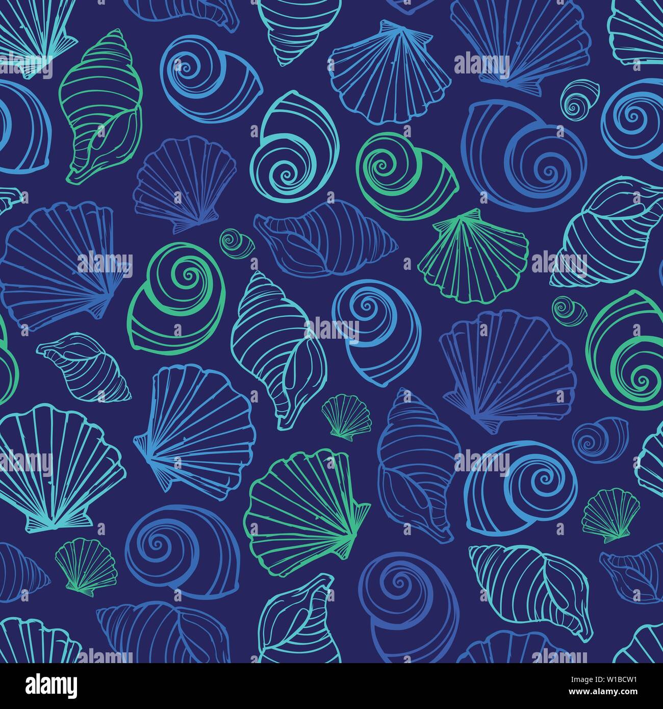 Vektor blaue Muschelschalen wiederholen Muster. Geeignet für Geschenkpapier, Textil und Tapeten. Stock Vektor