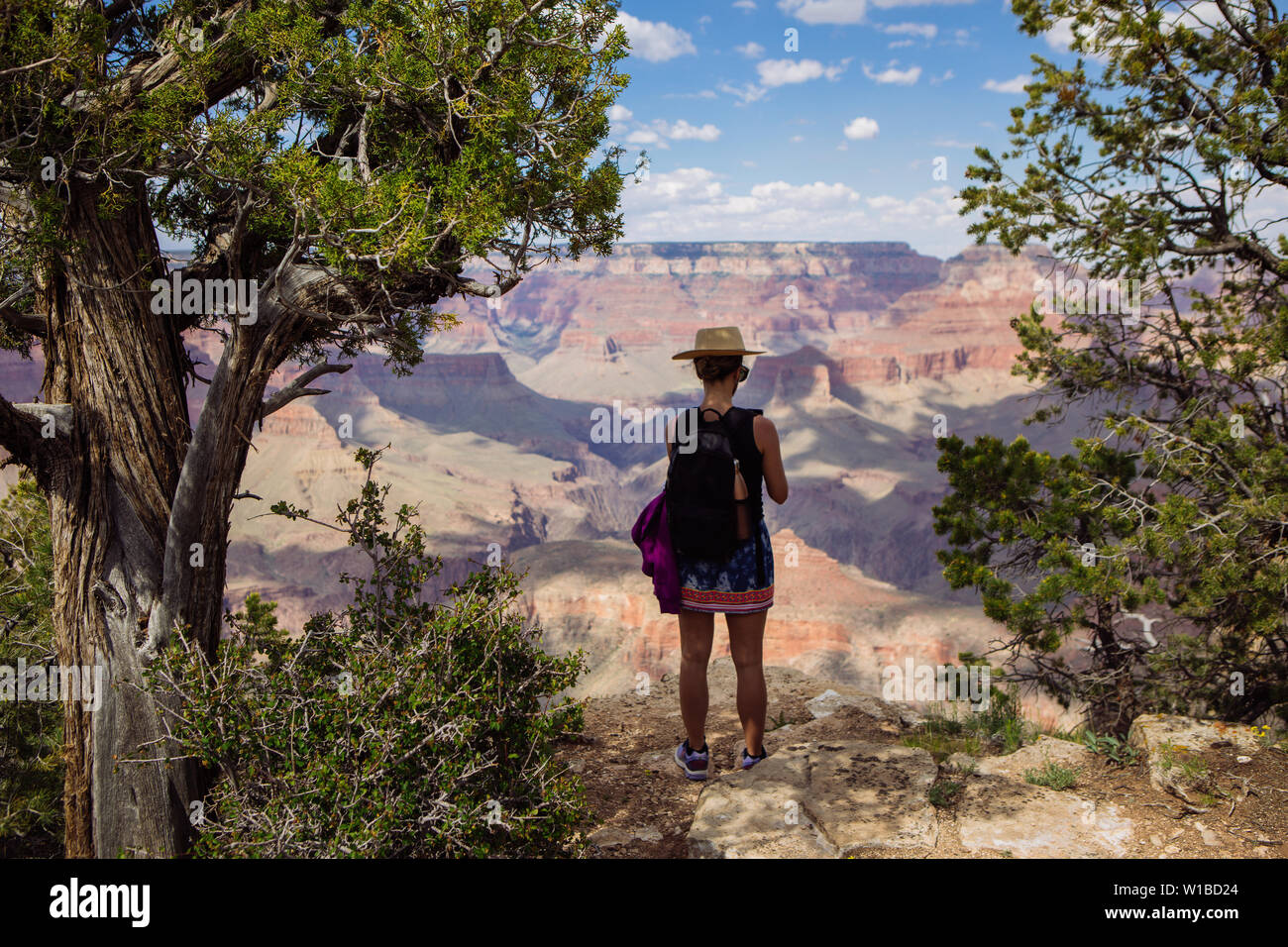 Touristische Frau mit Hut und Rucksack, ein Foto mit einem Handy in der Nähe einer Klippe in die South Rim, Grand Canyon National Park, Arizona, USA Stockfoto