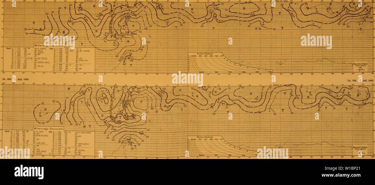 Archiv Bild von Seite 44 der Deutschen Südpolar-Expedition, 1901-1903, im, Aufträge. Deutsche SÃ¼dpolar-Expedition, 1901-1903, im, Aufträge des Reichsamtes des Innern. deutschesdpola1311 5Mose Jahr: 1911 7) r 7 & 10° Us Â" Â°8) r. 7 fiO; teÂ°:-4 fi'9) r &gt; 760 Â"Â°Ã¤ O° (NNW) 10) R760SS' KT | N) 11) r - 745 160'45'13 âSO) r-, 745 170 50 = (NSOj Nr. 695. G. 1. Juli H&gt; 3 Nr. 635. 6. Jali I9 U3 '''V, X VA -.-'''' •''''-JOS-W.'l. TS. (NM.&gt;. Â" 5''''' - ''J'-CSW. SOI 7) 0 7 Â" Â"¢ 42-(NW, NES) 81 ;) 770 j (0. . Ss-jo 8) 76 Ã ein 'i 6 âsg '?'? , ??Â¢ Â"' (W) WrsJM ij. Â°-i2-(NNWl 11) Ich Stockfoto
