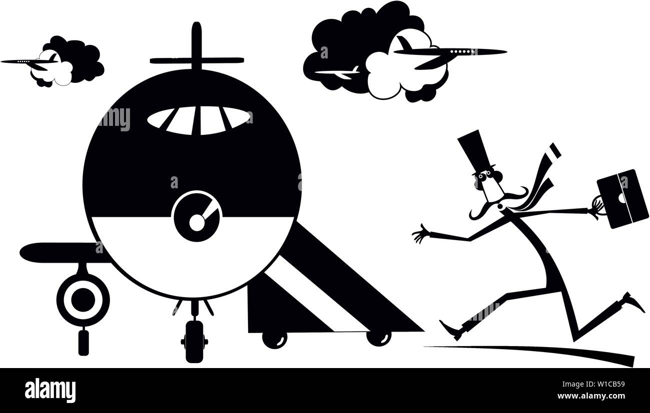 Hasten langen Schnurrbart Mann in der Hut mit Koffer versuchen, nicht den Flug schwarz auf weiß Abbildung nicht verpassen Stock Vektor