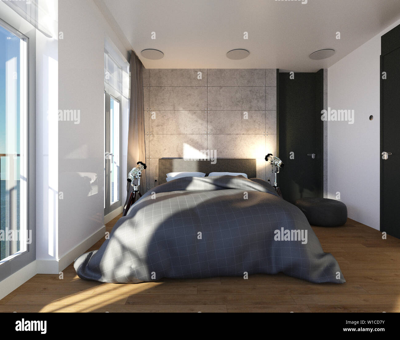 Hotel Zimmer oder Schlafzimmer Interior 3D Illustration Stockfoto