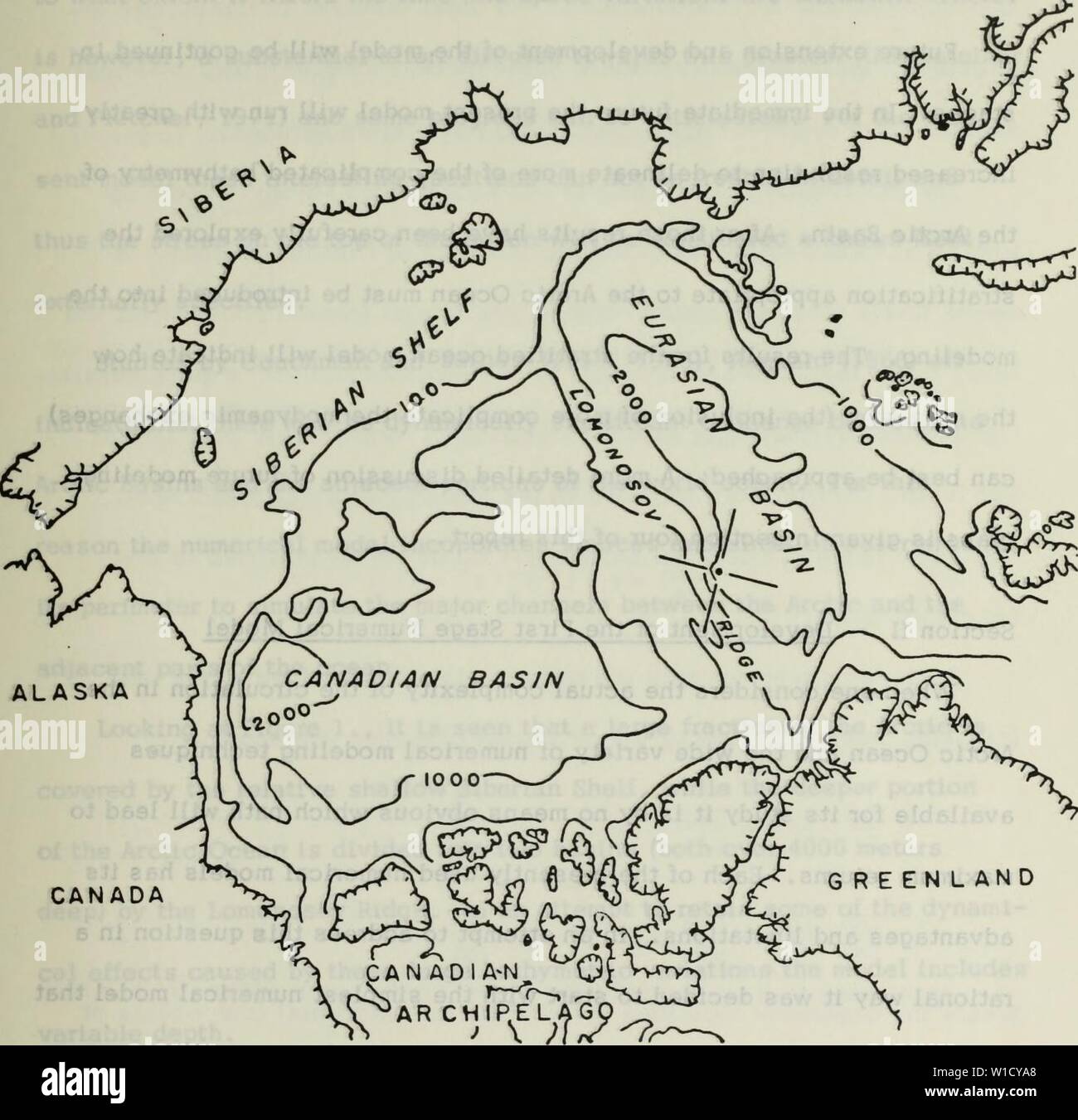 Archiv Bild von Seite 8 von der Entwicklung eines homogenen. Die Entwicklung eines homogenen numerische Ocean Model für die Arktischen Ozean. developmentofhom 00 galt Jahr: 1972-07 KANADA Abbildung 1. Diagramm des arktischen Beckens mit 100, 1000 und 2000 fathom tiefe Konturen gezeichnet. Kreuz zeigt an, dass der Nordpol. Stockfoto