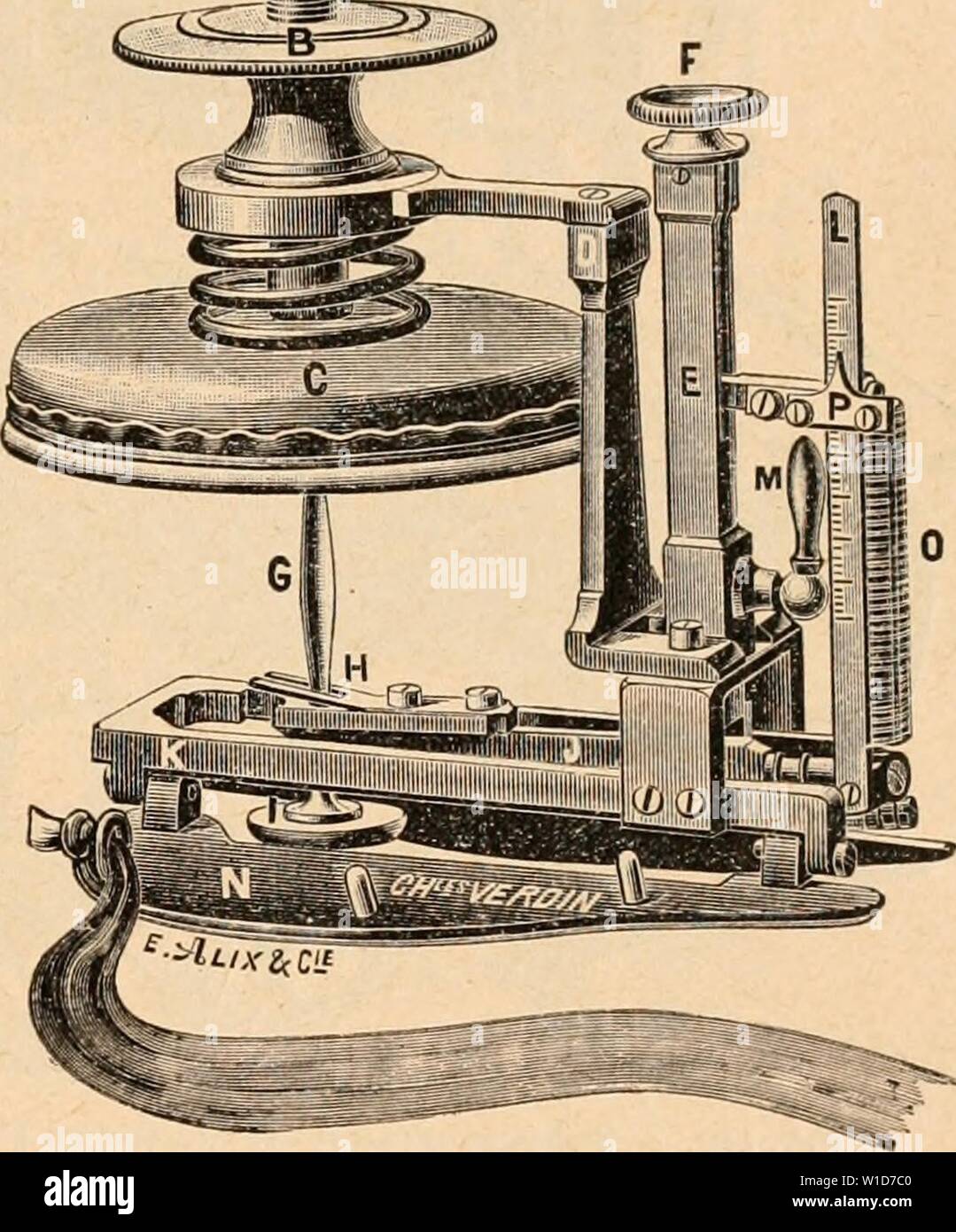 Archiv Bild ab Seite 922 von Wörterbuch de Physiologie (1907). Wörterbuch de Physiologie. dictionnairedeph 07 reiche Jahr: 1907 GRAPHIQUE (MÃthode). 909 II. Les Pulsationen de l'artÃ ¨ re carotide sind enregistrÃes à l'aide de sphygmographes dont le support prÃsente une forme spÃciale. Dans le sphygmographe carotidien d'EoGREN le support prÃsente la forme d'un arc mÃtallique qui la moitiÃ entoure de Garde. Une des extrÃmitÃs de cet arc Porte un petit coussin sur lequel Ruhe la nuque, l'autre extrÃmitÃ porte un-tambour À-Luft. La tige collÃe à la Folie du Tambour piÃsente un-Boutonne qui appui Stockfoto