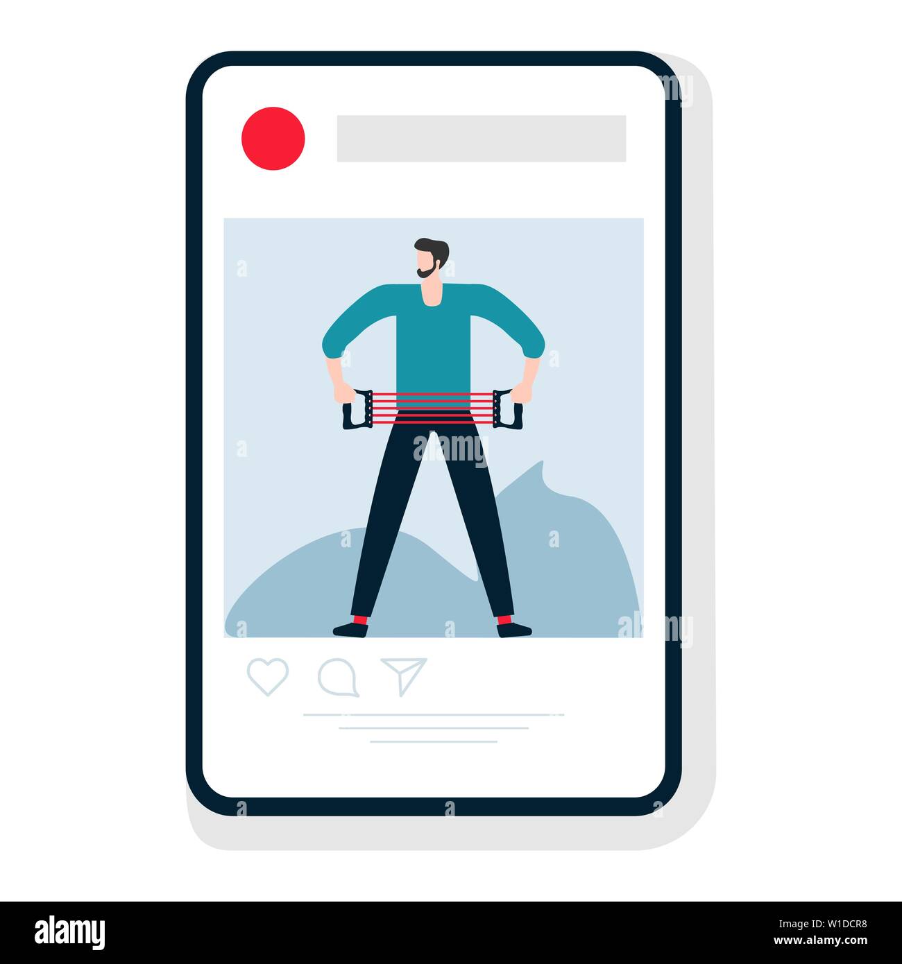 Vector Illustration mit Mann und Brust Expander Training. Sport mobile Anwendung. Fitness app. Training für Wellness, Aktivität. Gesunde Lebensweise. D Stock Vektor