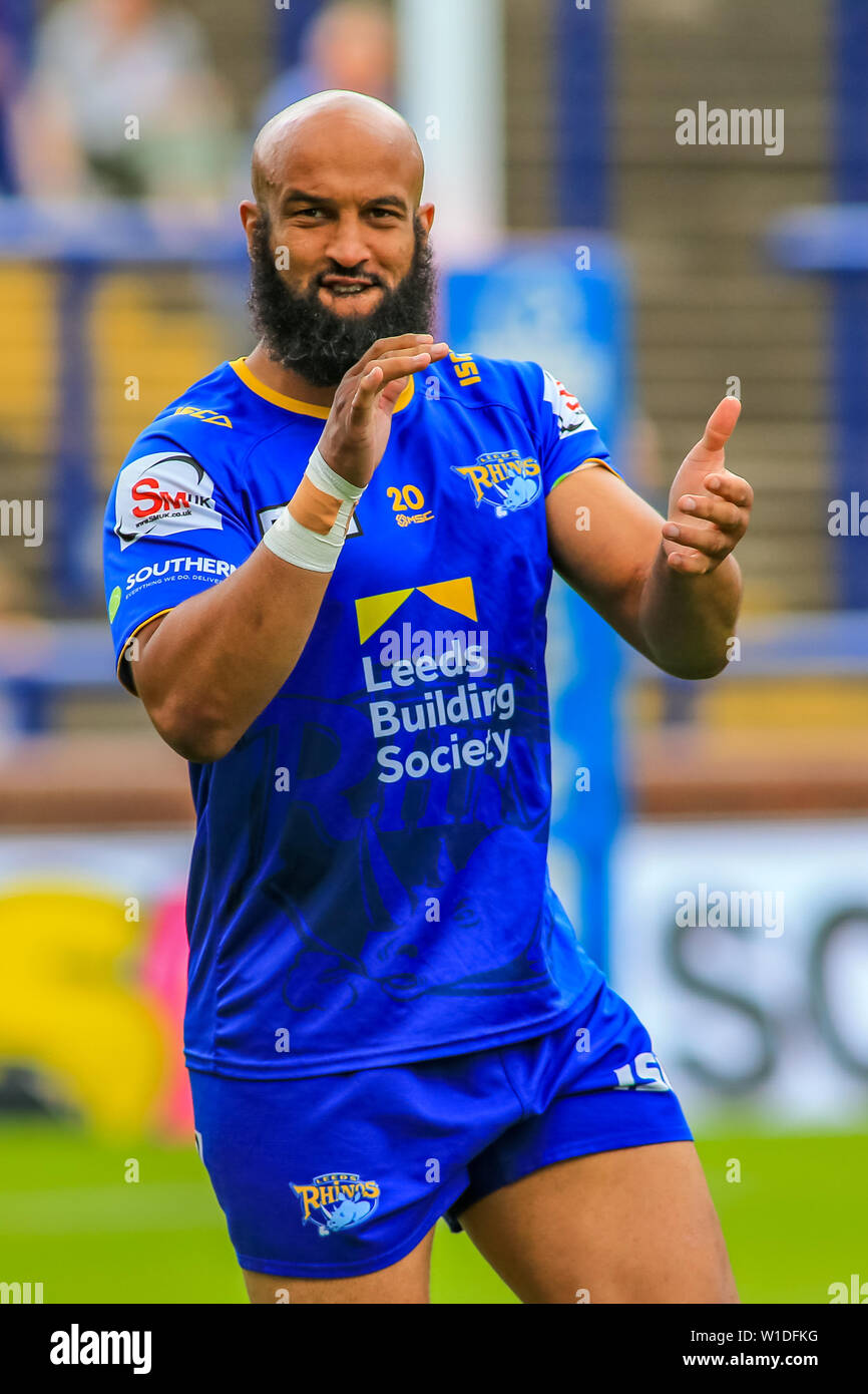 30. Juni 2019, Emerald Headingley Stadium, England; Betfred Super League, Runde 20, Leeds Rhinos vs Katalanen Drachen; Jamie Jones-Buchanan von Leeds Rhinos in warm-up Credit: Craig Milner/News Bilder Stockfoto