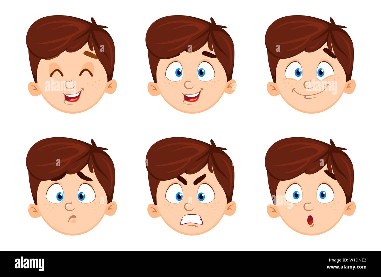 Gesichtsausdruck von süßen Jungen. Satz von sechs Emotionen eines Kindes. Vector Illustration auf weißem Hintergrund Stock Vektor