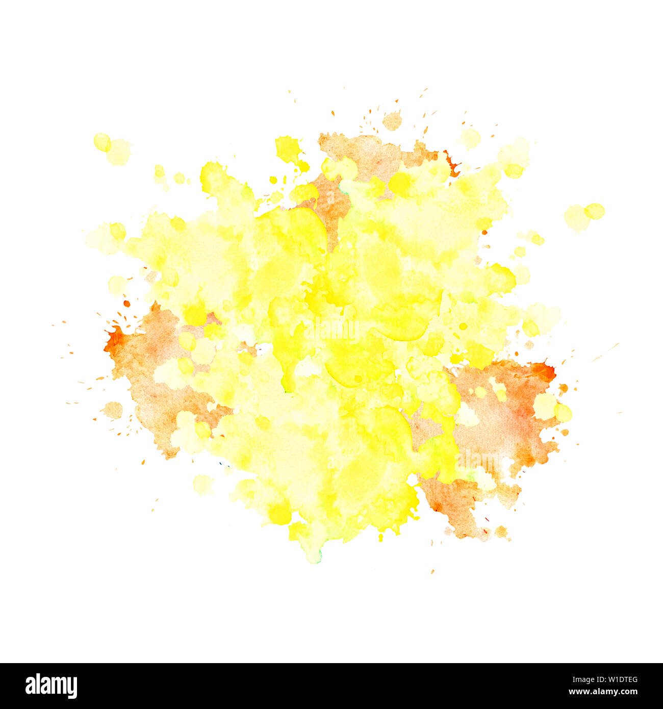 Aquarell von hellgelbe Farbe mit Spritzern von Orange und Scheidungen. Isolierte Fleck auf weissem Hintergrund. Zitronengelber Fleck von Hand gezeichnet. Stockfoto
