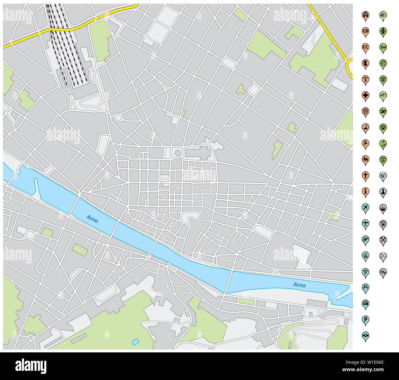 Stadtplan der Innenstadt von Florenz mit Pin-Zeiger und Infrastruktur Symbole Stock Vektor