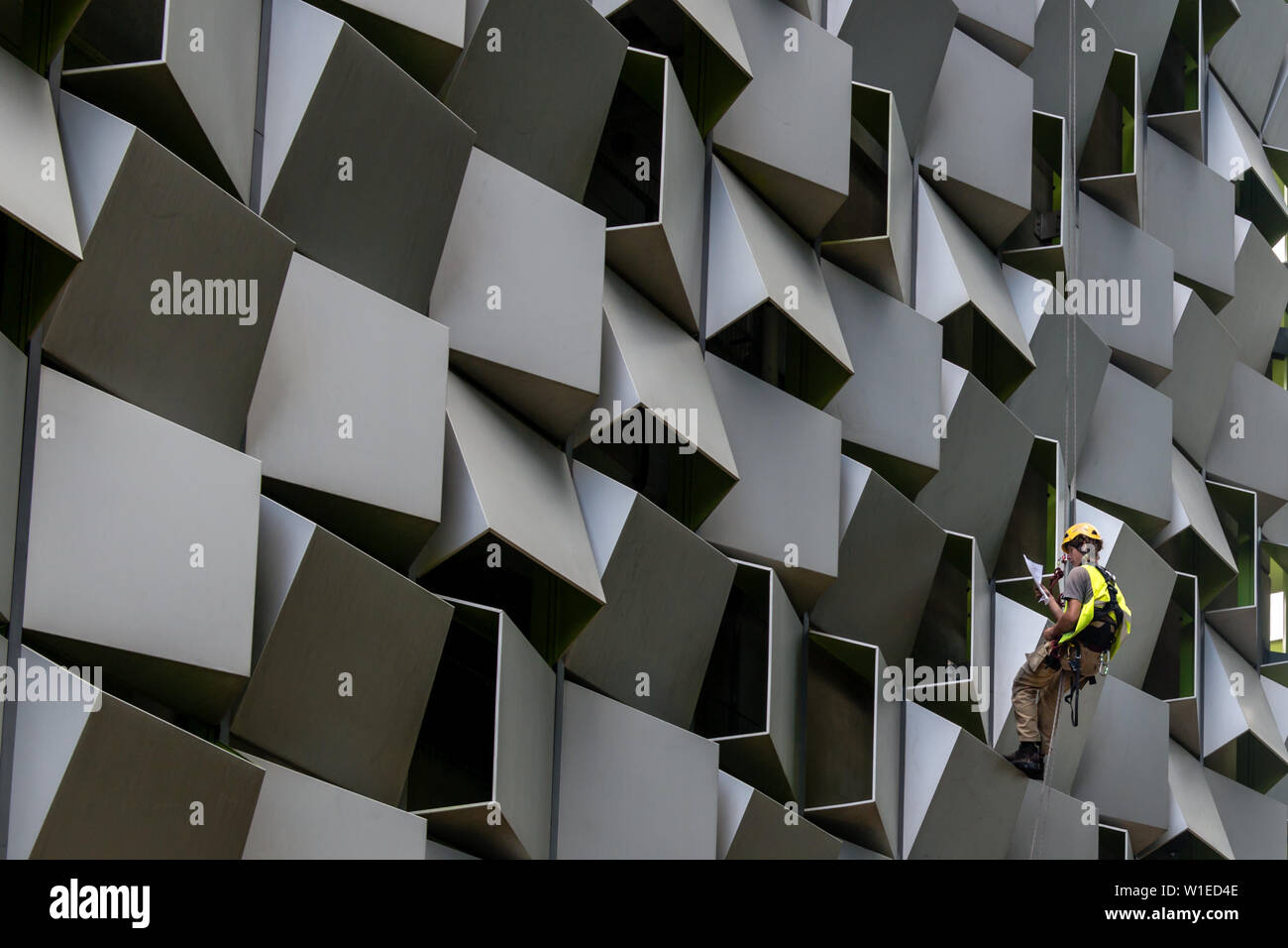Wartung Arbeiter in Sicherheit Gang und der bootsmann Stuhl gehoben und ausgesetzt auf Seilen hält den hohen cheesegrater Gebäude, Sheffield Stockfoto