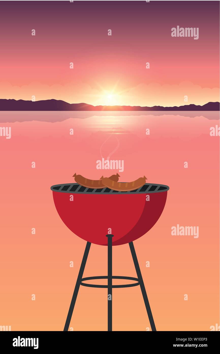 Grillen in der Natur Landschaft am See bei Sonnenuntergang Vektor-illustration EPS 10. Stock Vektor