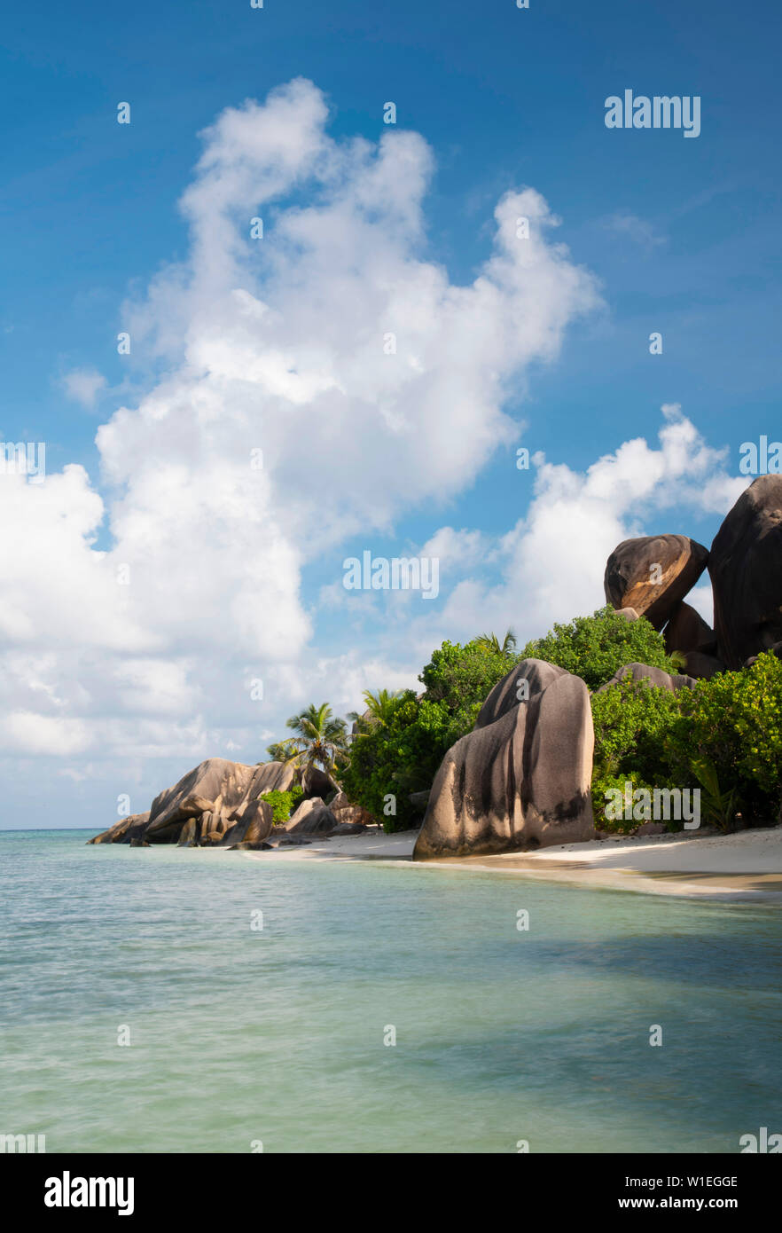 Markante großen Granitfelsen und Palmen auf Anse Source D'Argent, La Digue, Seychellen, Indischer Ozean, Afrika Stockfoto