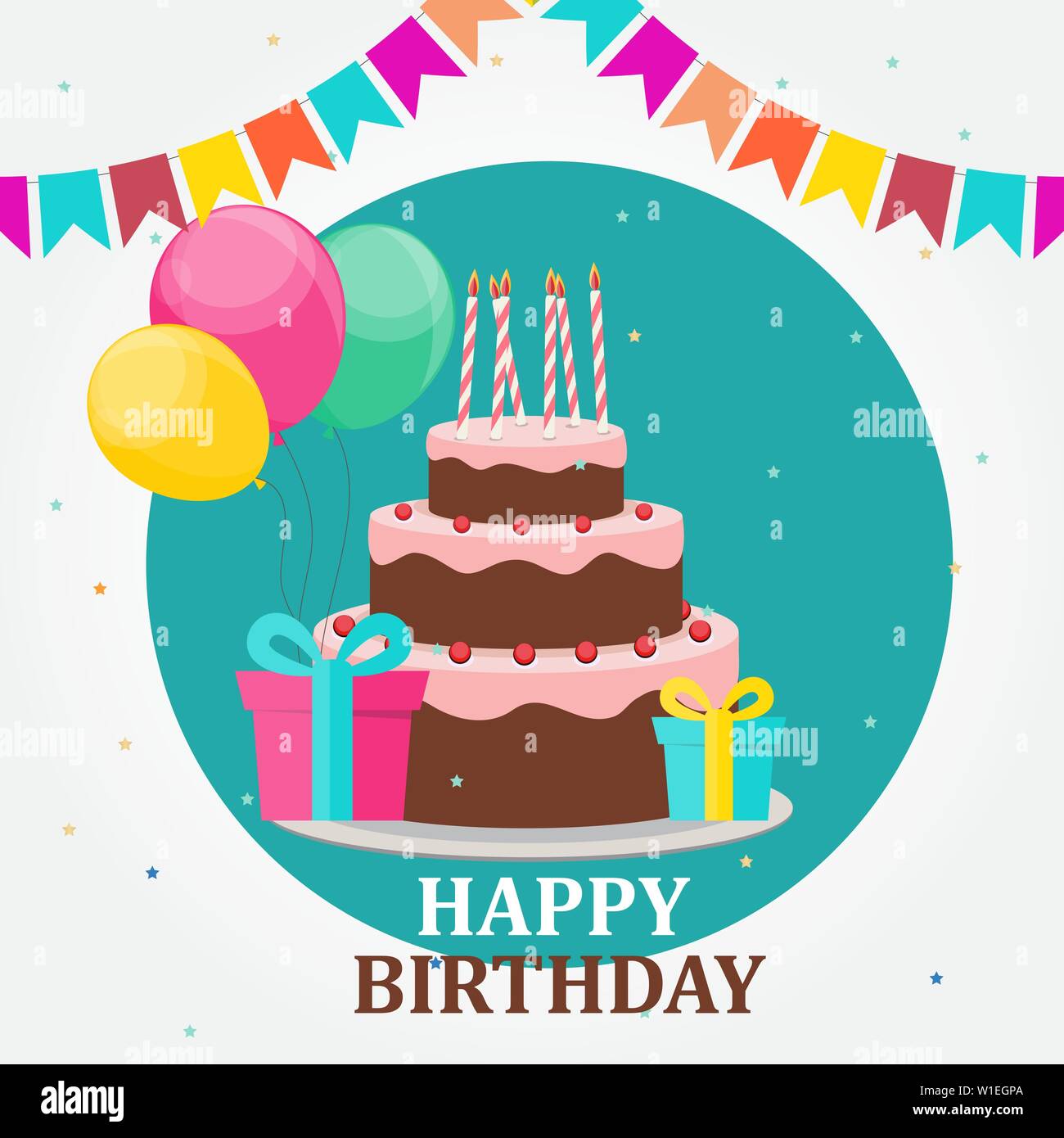 Happy Birthday Card Party Hintergrund mit Kuchen, Luftballons, Geschenkbox und Fahnen. Vector Illustration Stock Vektor