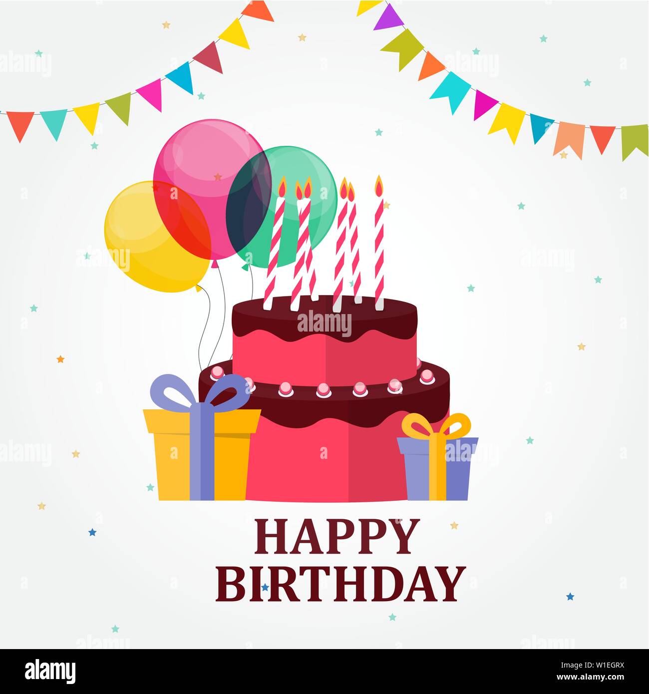 Happy Birthday Card Party Hintergrund mit Kuchen, Luftballons, Geschenkbox und Fahnen. Vector Illustration Stock Vektor