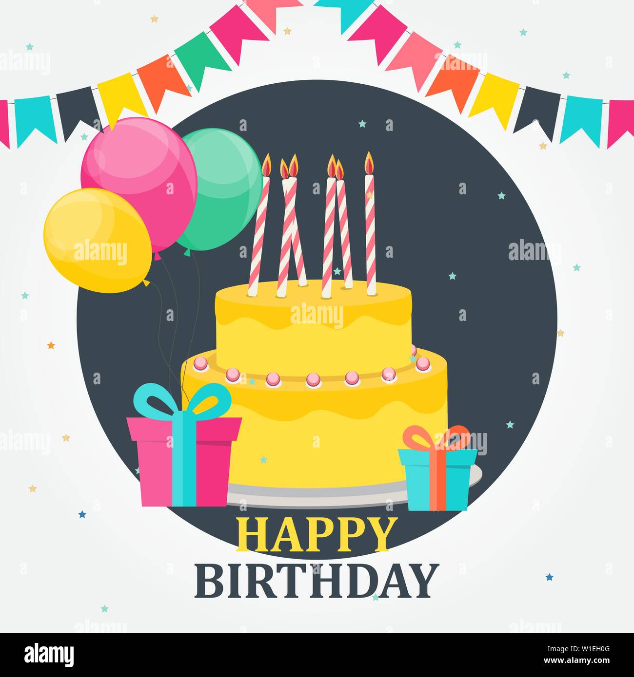 Happy Birthday Card Party Hintergrund mit Kuchen, Luftballons, Geschenkbox und Fahnen. Vector Illustration Stock Vektor