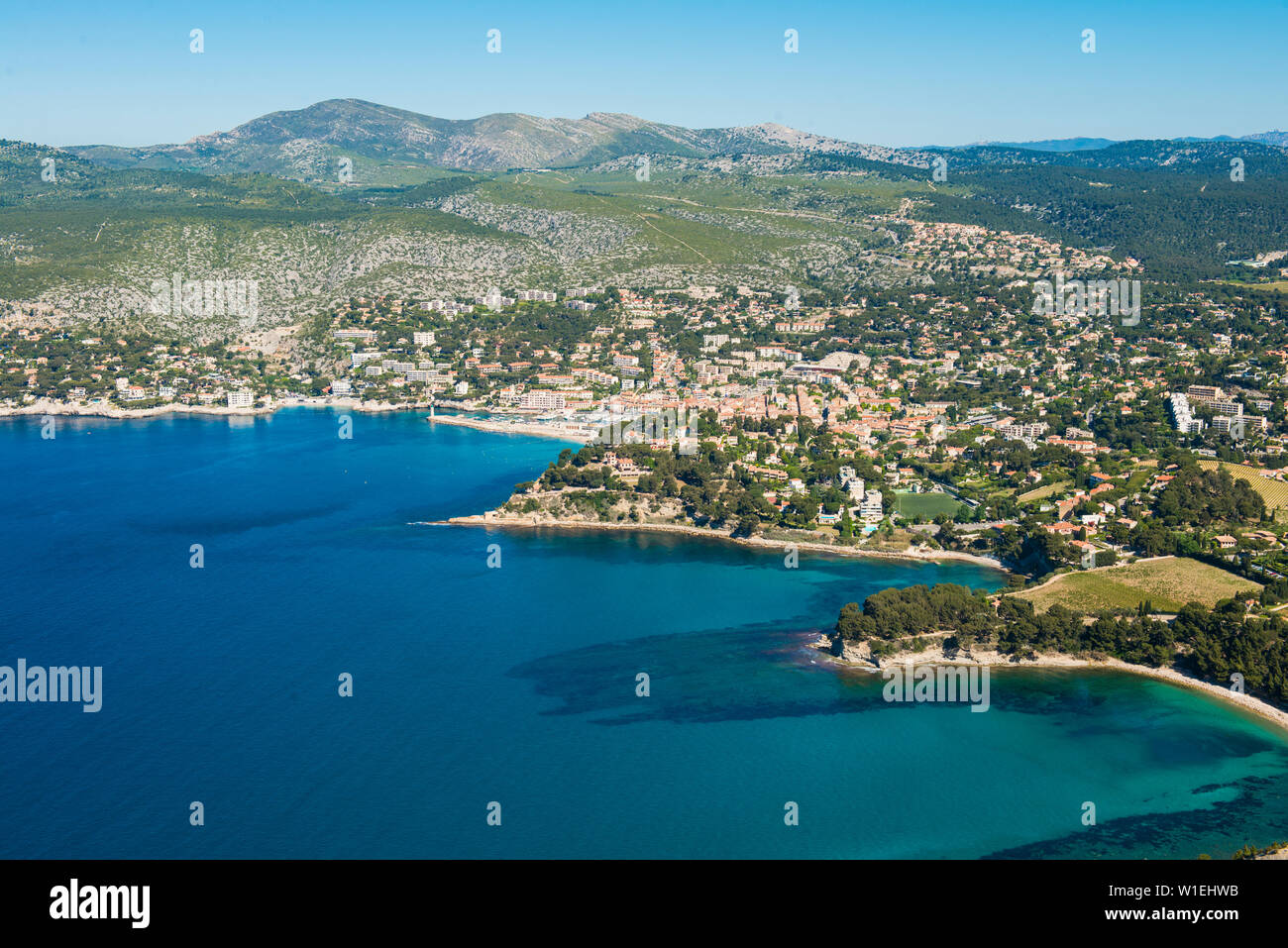 Blick über Cassis, Bouches du Rhône, Provence, Provence-Alpes-Cote d'Azur, Côte d'Azur, Frankreich, Mittelmeer, Europa Stockfoto