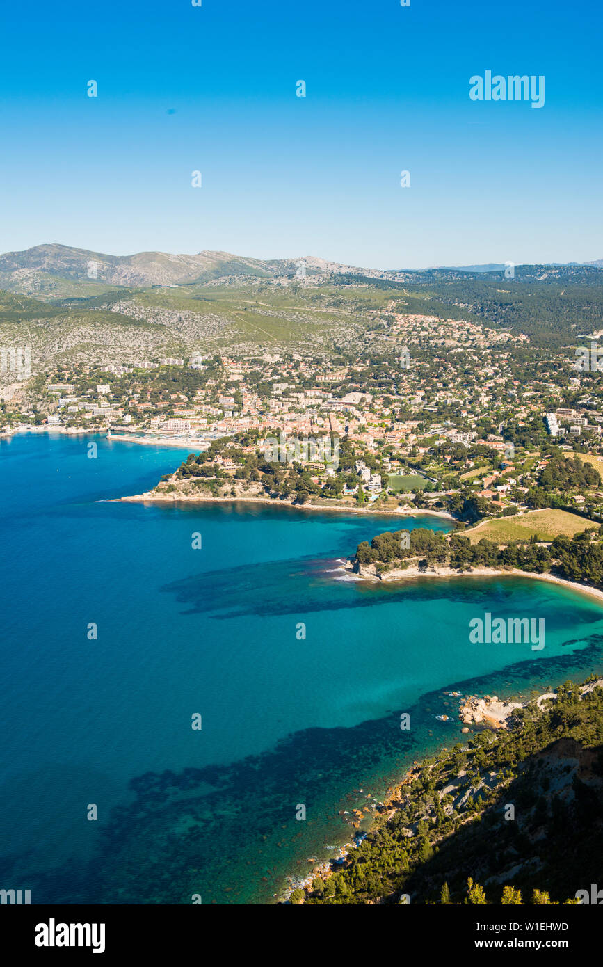 Blick über Cassis, Bouches du Rhône, Provence, Provence-Alpes-Cote d'Azur, Côte d'Azur, Frankreich, Mittelmeer, Europa Stockfoto