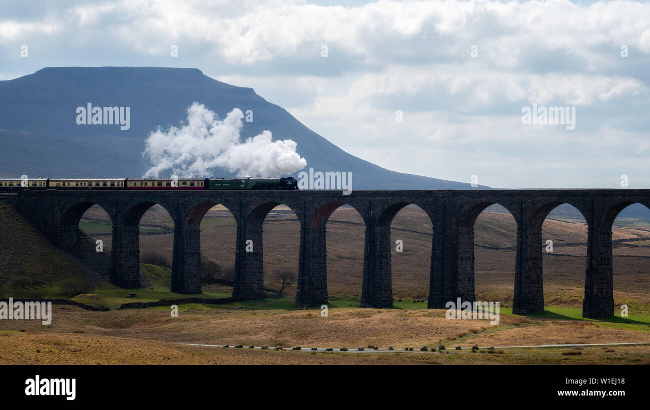Dampfzug der Ribblehead Viadukt, Yorkshire Dales National Park, Yorkshire, England, Vereinigtes Königreich, Europa Kreuzung Stockfoto