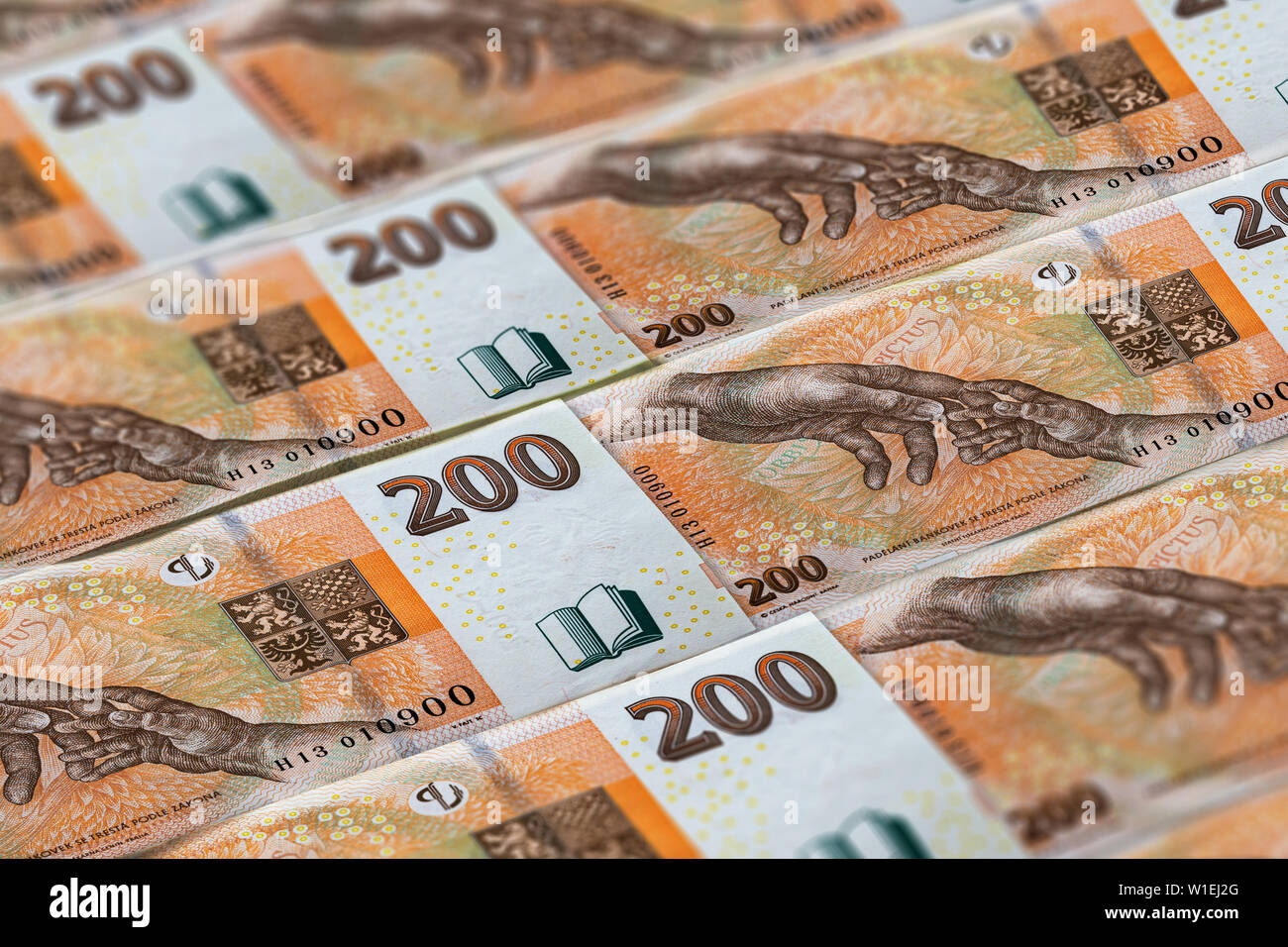 Tschechische Krone banknoted Hintergrund. Geld von der Tschechischen Republik. 200 CZK Stockfoto