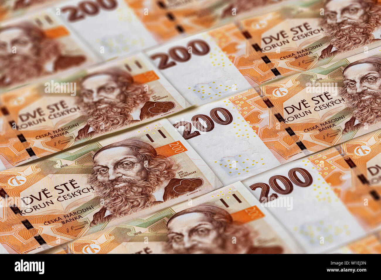 Tschechische Krone banknoted Hintergrund. Geld von der Tschechischen Republik. 200 CZK Stockfoto