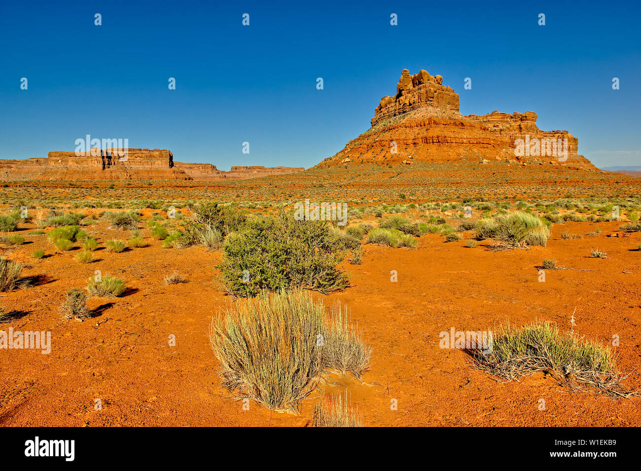 Eine Formation im Tal der Götter genannt Battleship Rock, in der Nähe der Stadt Mexican Hat, Utah, Vereinigte Staaten von Amerika, Nordamerika Stockfoto