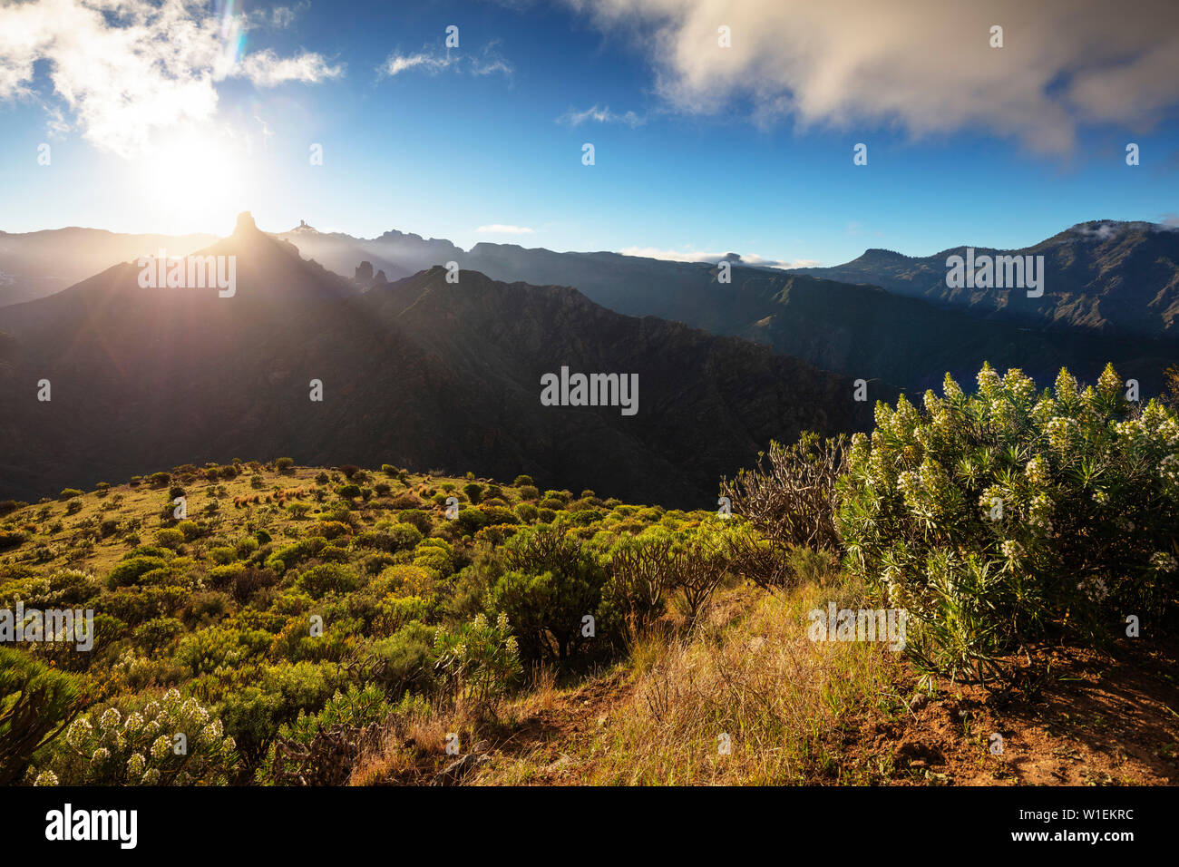 Roque Nublo und Roque Bentayga bei Sonnenaufgang, Gran Canaria, Kanarische Inseln, Spanien, Atlantik, Europa Stockfoto