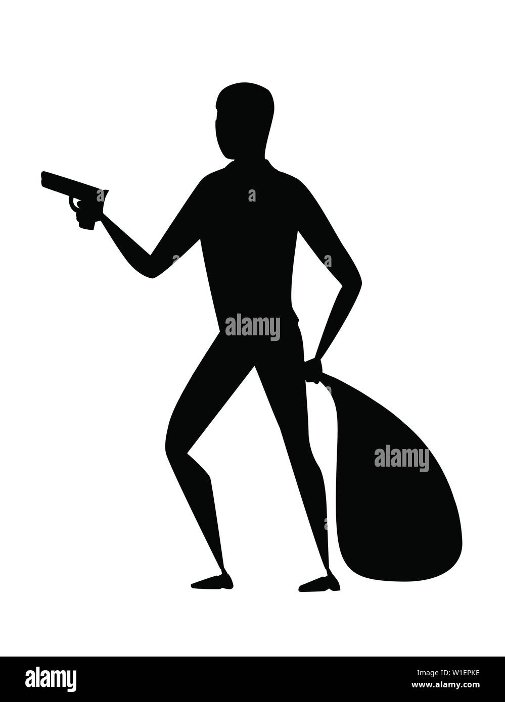 Schwarze silhouette Dieb während Raub holding Tasche in der einen Hand und Pistole in der anderen Hand Cartoon Character Design flachbild Vector Illustration. Stock Vektor