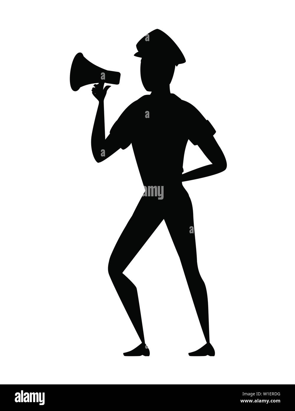 Schwarze silhouette Polizeibeamten durch ein Megaphon Cartoon Character Design flachbild Vektor-illustration kreischen. Stock Vektor