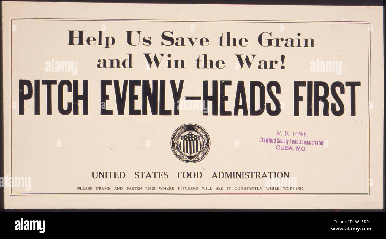 Helfen Sie uns, das Korn zu speichern und den Krieg zu gewinnen! Tonhöhe gleichmäßig - Kopf zuerst. Stockfoto