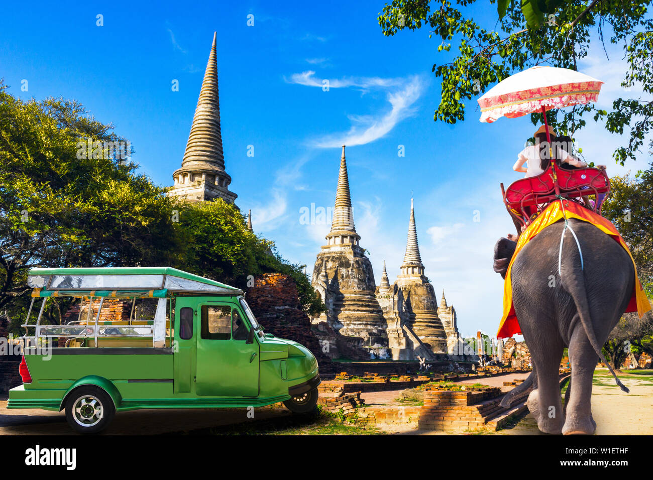 Reisen Thailand Ayutthaya - Wat Phra Si Sanphet Ayutthaya - Ayutthaya Historical Park als Weltkulturerbe und der Elefant betrachtet worden ist, Stockfoto