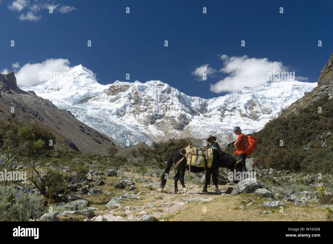 Ishinca Tal, Ancash/Peru - 18. Juni 2016: Bergsteiger bespricht Löhne und Preise mit einem lokalen muleskinner oder arriero für den Transport von CLIMBIN Stockfoto