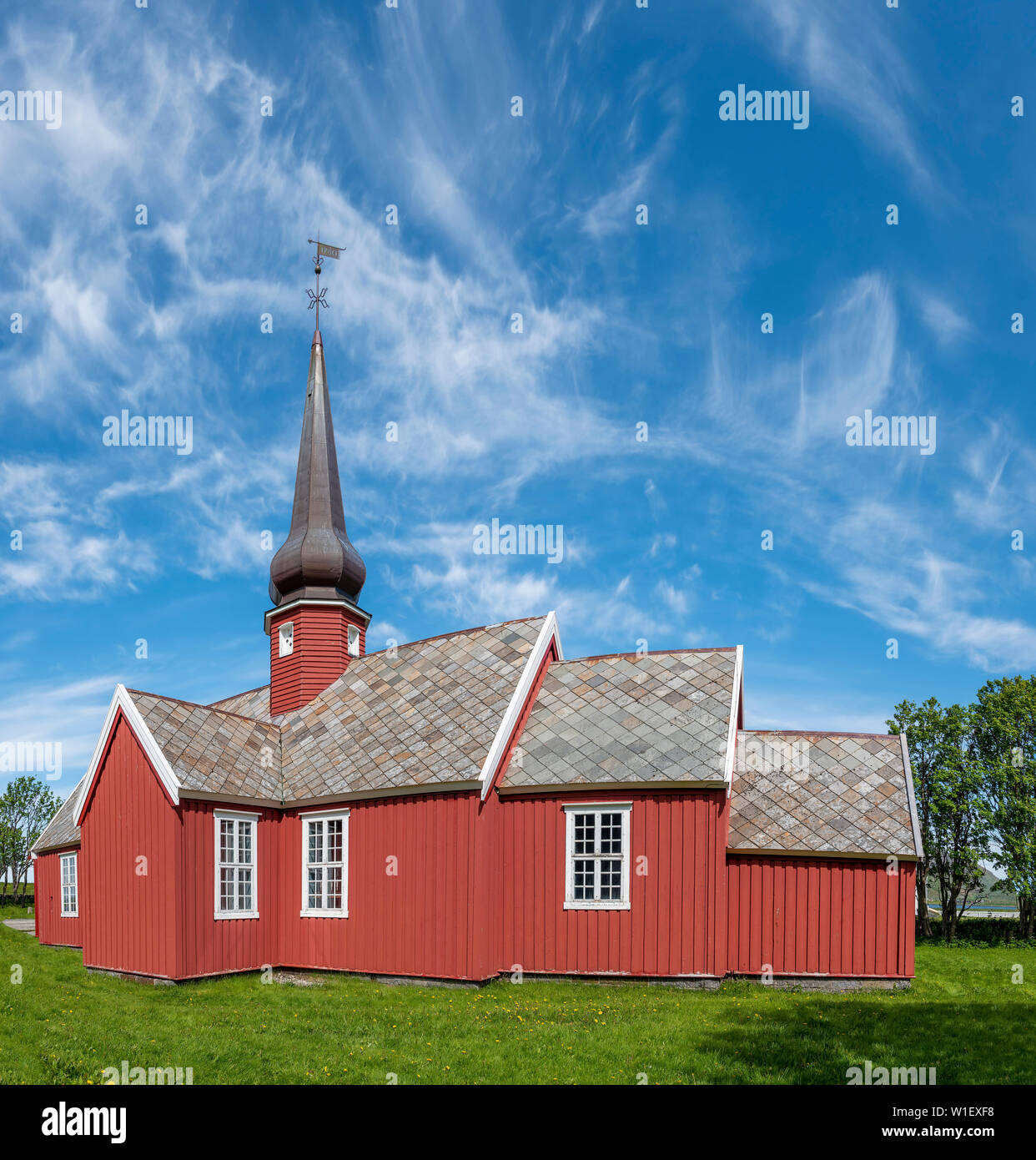 Flakstad Kirche, Ramberg, Lofoten, Norwegen Stockfoto