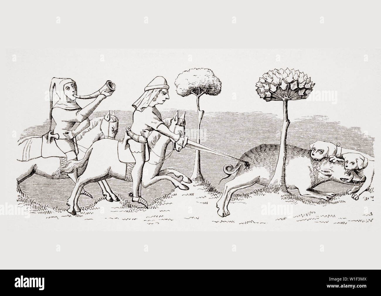 Sport mit Hunden. Wie das Wildschwein ist durch Hunde gejagt. 19. jahrhundert Nachbildung einer Miniatur in einem Manuskript aus dem 14. Jahrhundert von Livre du Roy Modus. Stockfoto