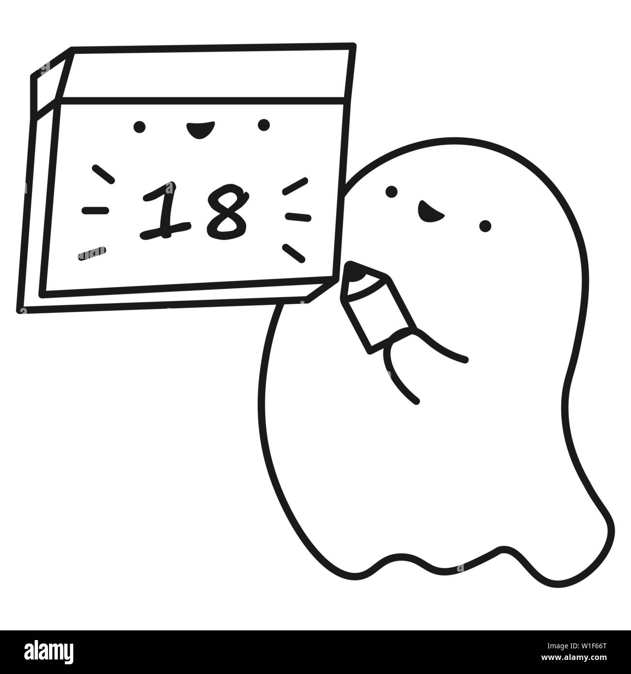 Funny ghost hält Kalender mit dem Tag des Monats. Maßbild. Vector Illustration Stock Vektor