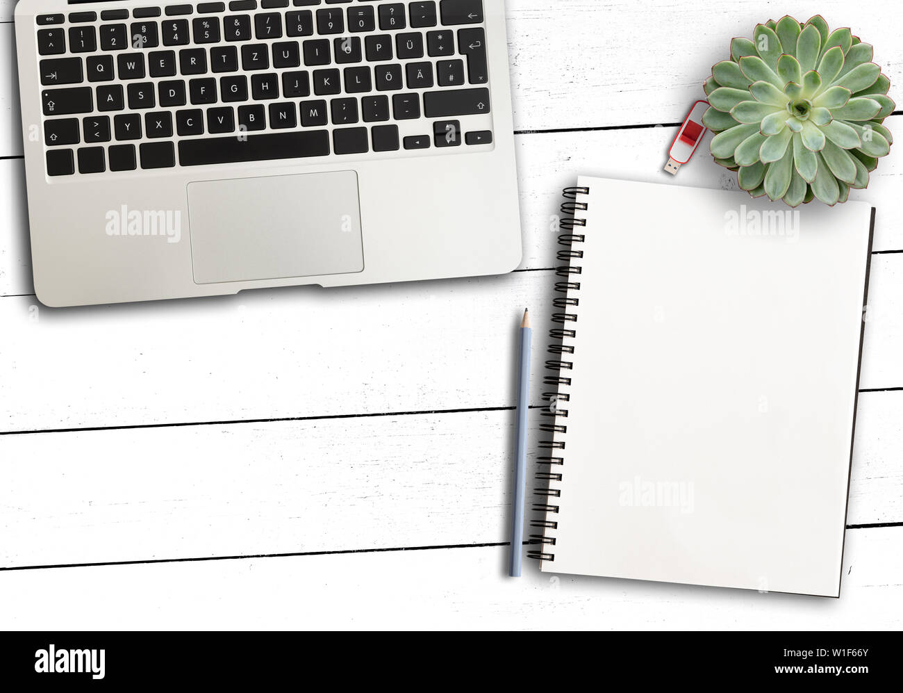 Blick von oben auf die Laptop, leer Notizblock und Bleistift und sukkulente Pflanze auf rustikalen weiß Schreibtisch aus Holz Stockfoto