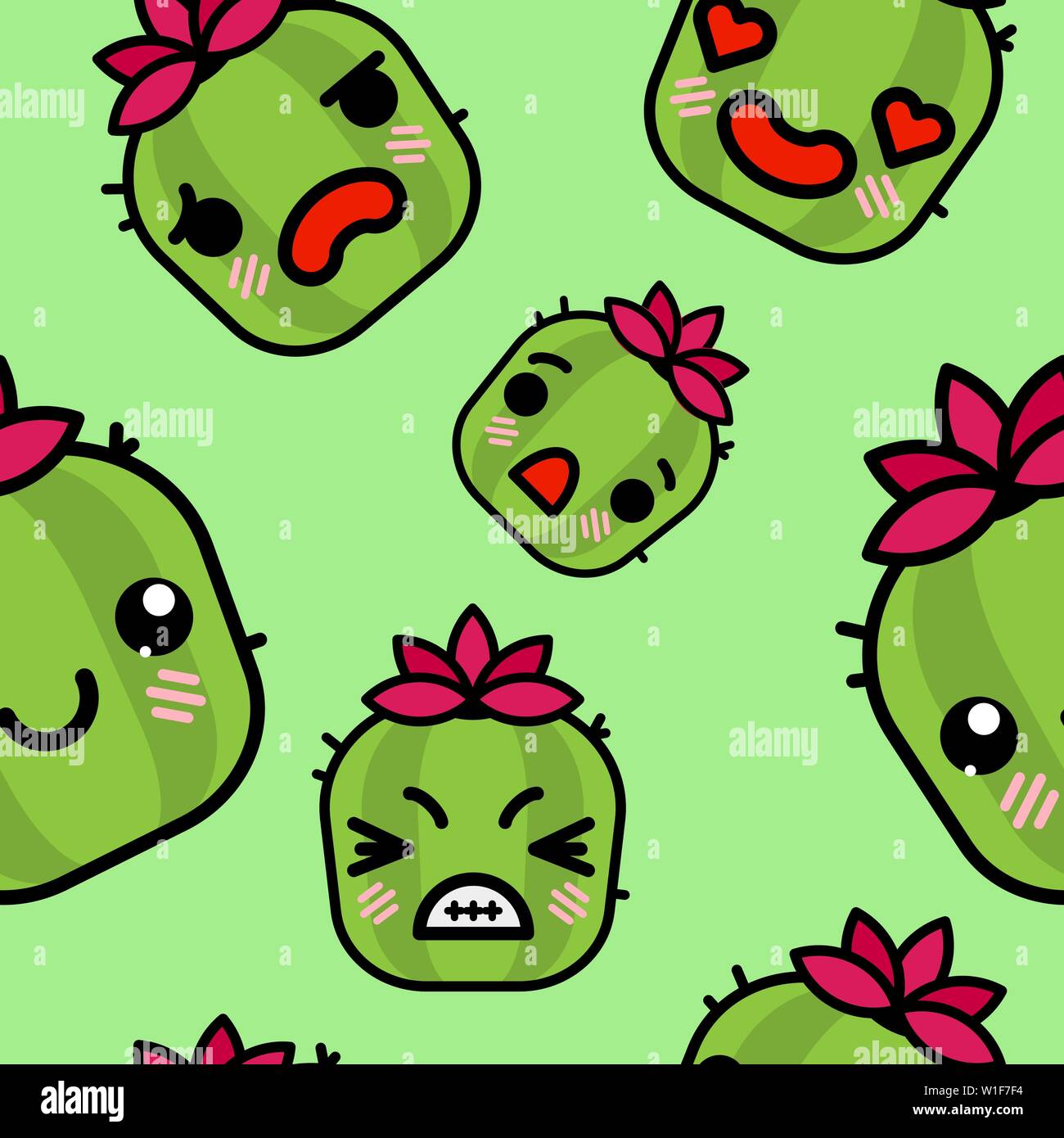 Nahtlose Muster mit niedlichen Kawaii emoji Kakteen. Vektor Cartoon Illustration Stock Vektor