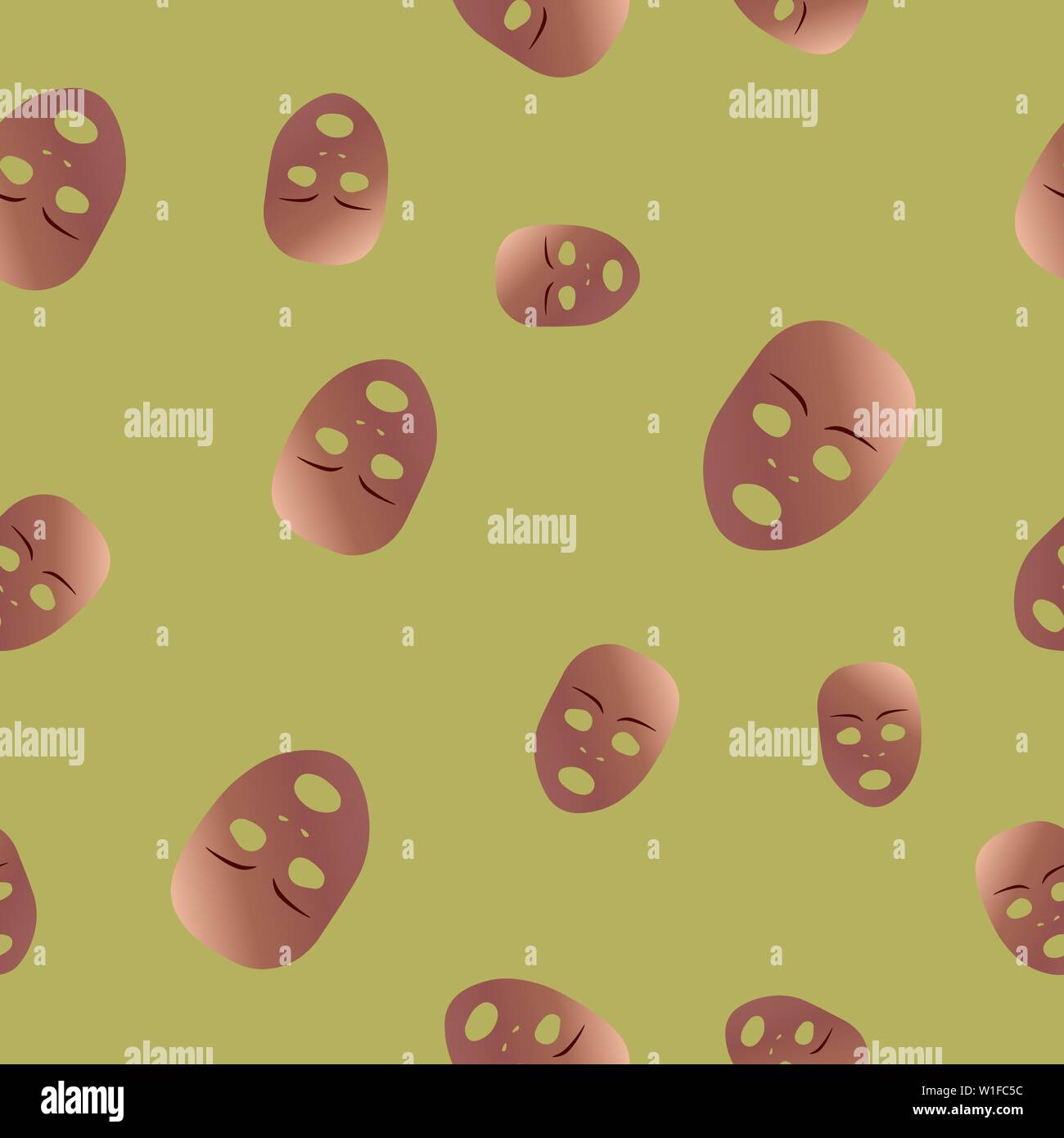 Nahtlose Muster des theatralischen Maske mit erstaunten Emotion. Vector Illustration. Bronze Maske mit Farbverlauf auf gelben Hintergrund. Stock Vektor