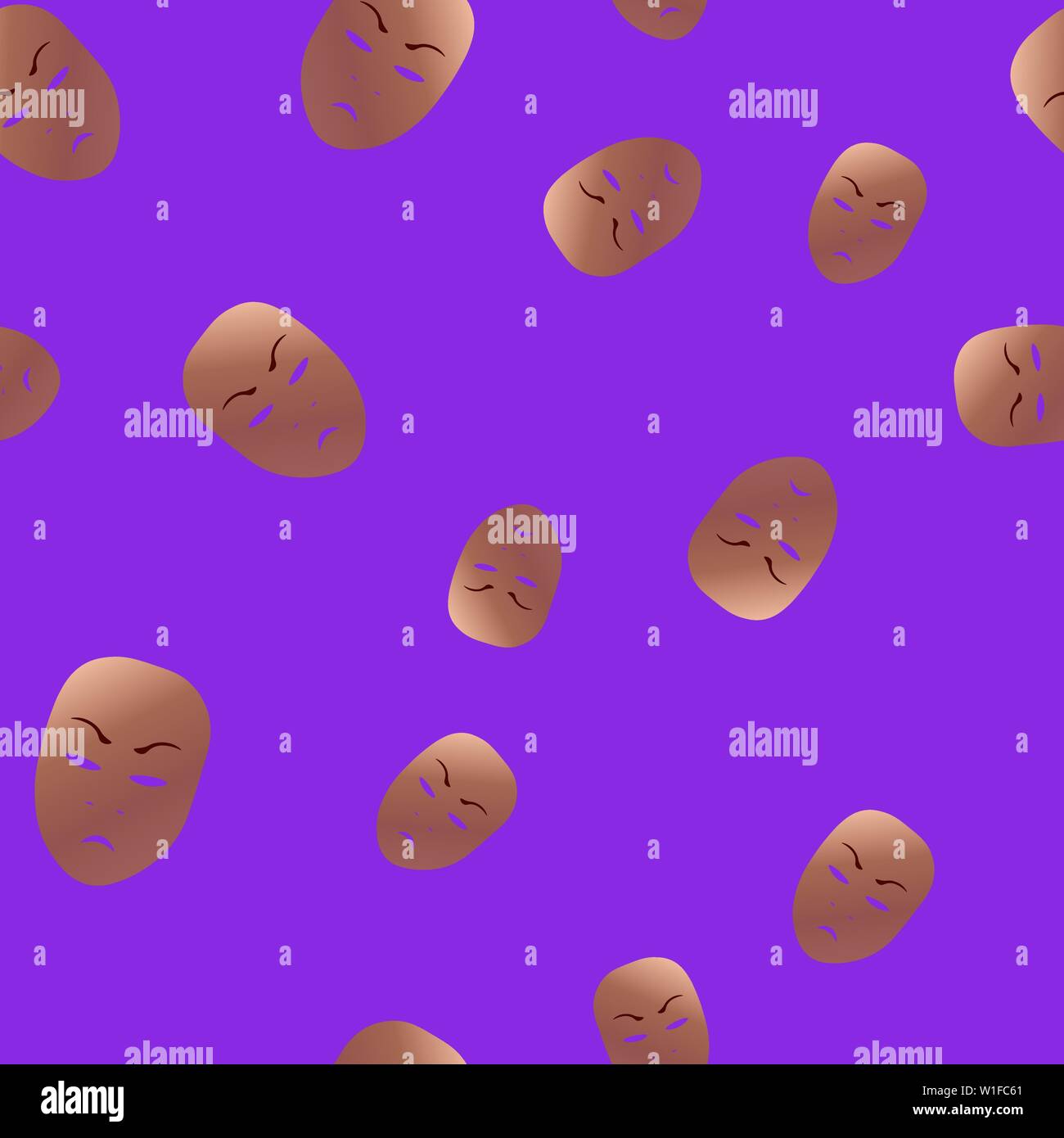 Nahtlose Muster des theatralischen Maske mit Zorn Emotion. Vector Illustration. Bronze Maske mit Farbverlauf auf lila Hintergrund. Stock Vektor