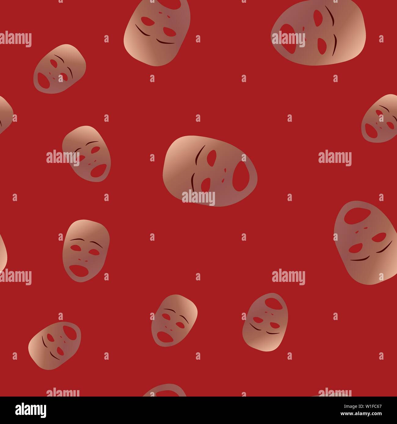 Nahtlose Muster des theatralischen Maske mit traurigen Emotionen. Vector Illustration. Bronze Maske mit Farbverlauf auf rotem Hintergrund. Stock Vektor