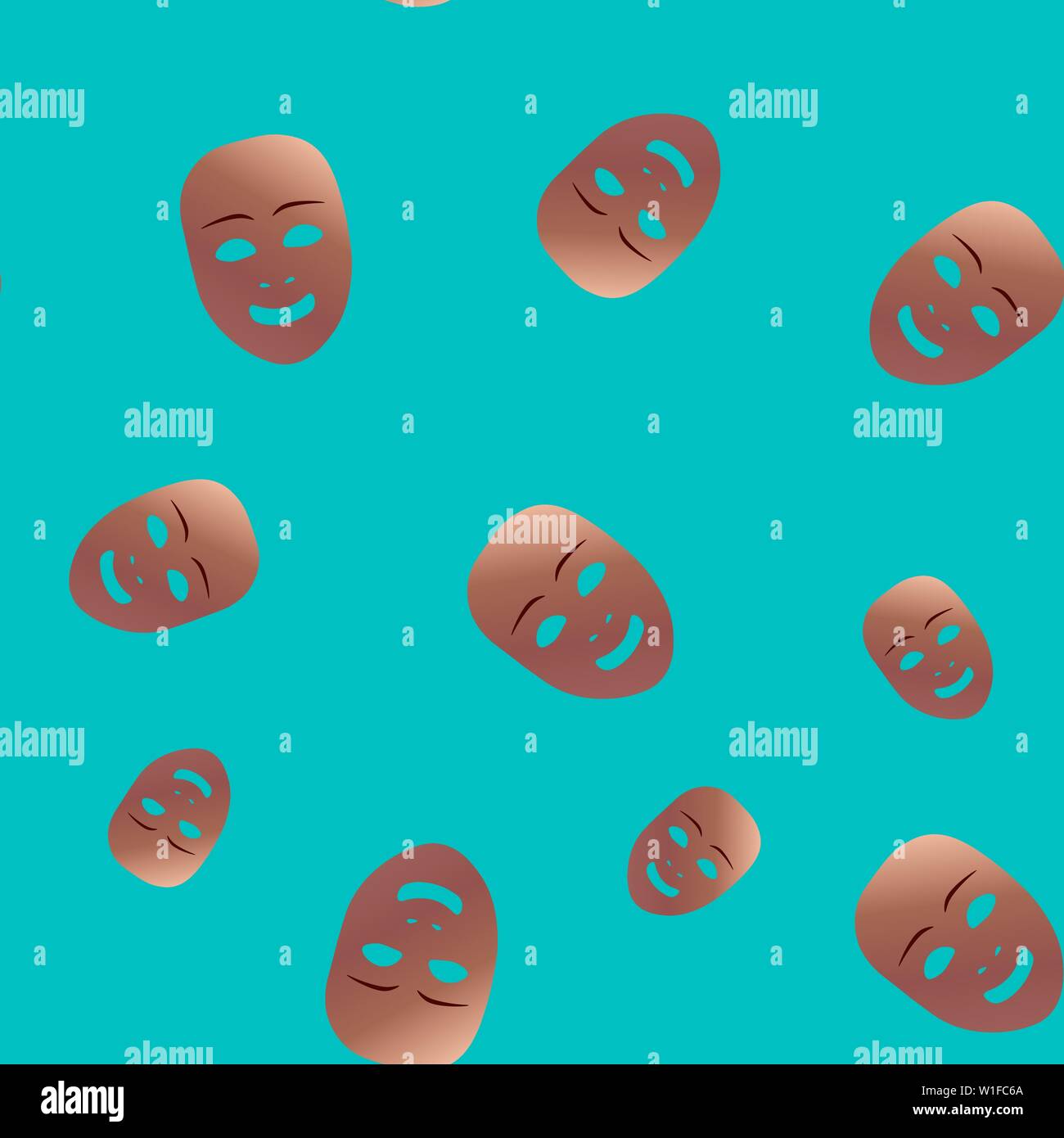 Nahtlose Muster des theatralischen Maske mit Freude Emotion. Vector Illustration. Bronze Maske mit Farbverlauf auf Türkisfarbenem Hintergrund. Stock Vektor