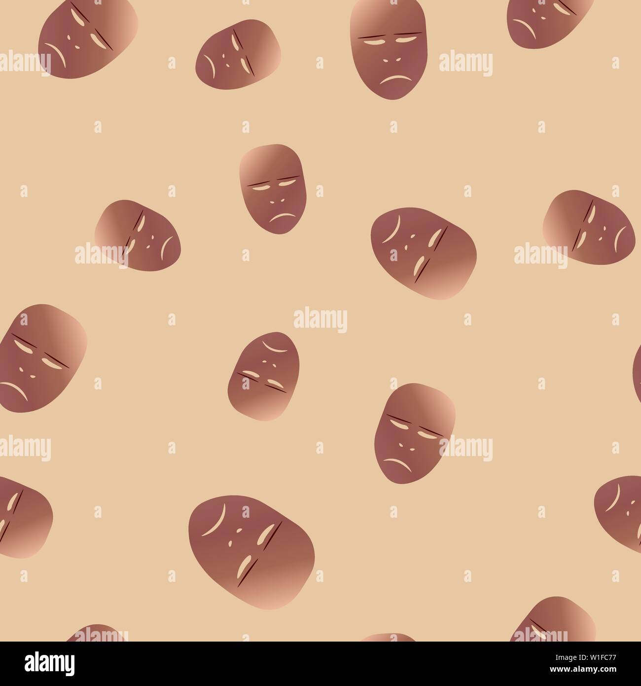 Nahtlose Muster des theatralischen Maske mit schmerzhaften Emotionen. Vector Illustration. Bronze Maske mit Farbverlauf auf beigem Hintergrund. Stock Vektor