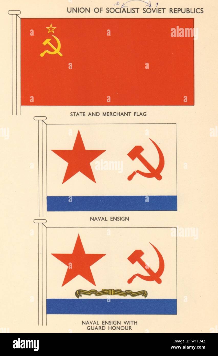 Flaggen UDSSR Union der Sozialistischen Sowjetrepubliken. Zustand Kaufmann Naval Ensign 1956 Stockfoto