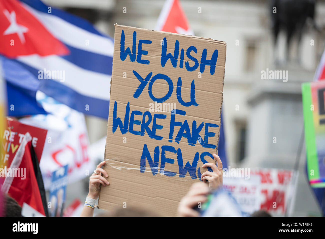 Ein Demonstrant hält eine politische Banner mit wünschen Sie gefälschte Meldung wurden Stockfoto